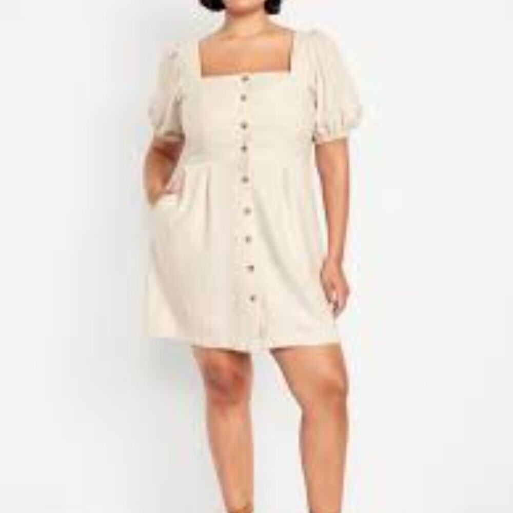 Old Navy Neutral Puff-Sleeve Linen-Blend Mini Dress Size XL